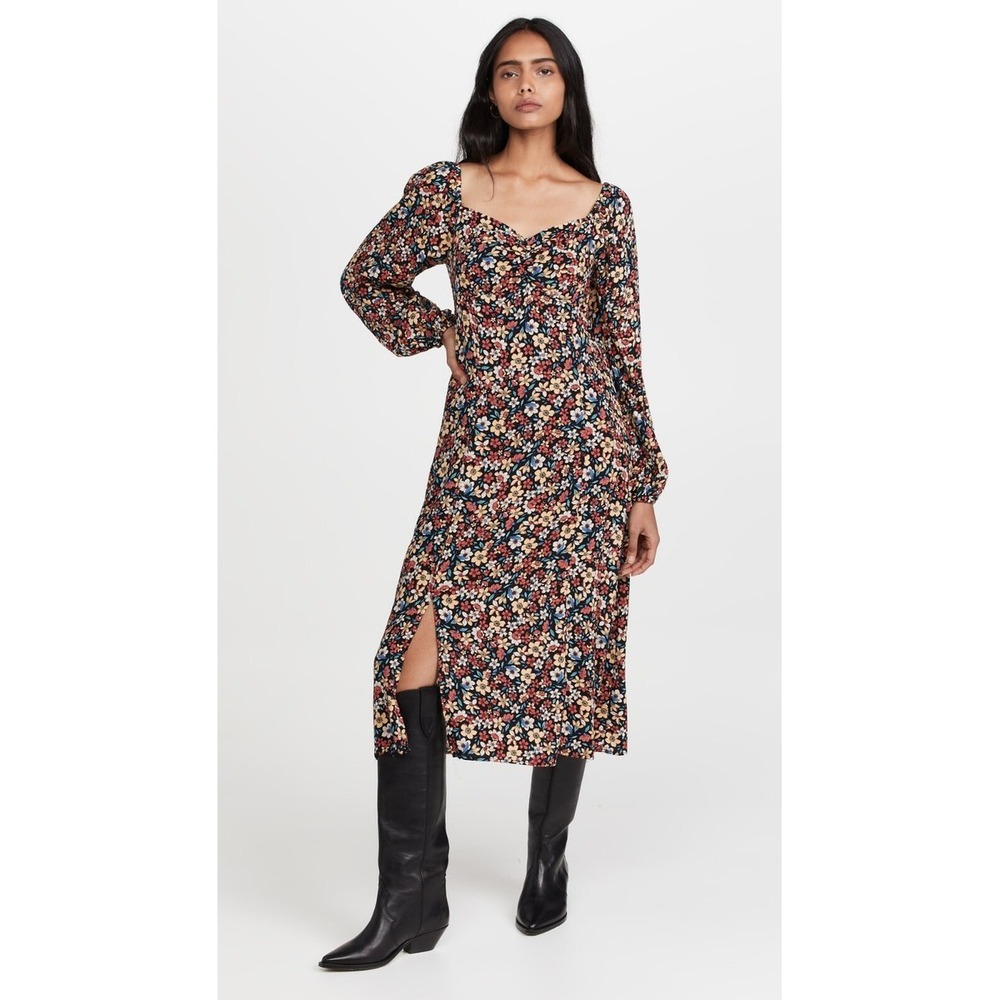 Lost + Wander Floral Midi Dress Womens XS Black Multi WDWS03533 Side Slit Boho